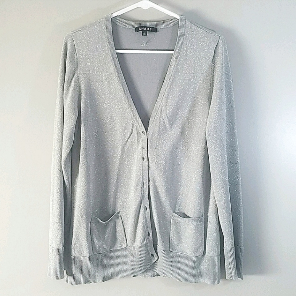 Chaus sparkle gray cardigan, size L